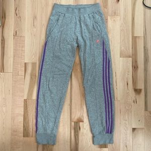 Grey and purple adidas sweatpants, kids large, fits woman’s xs